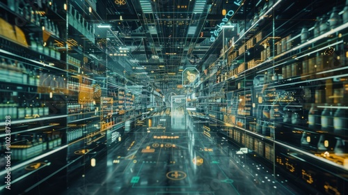 Futuristic Technology Retail Warehouse: Digitalization and Visualization of Industry 4.0 Process that Analyzes Goods. Generative Ai hyper realistic and natural colors  photo