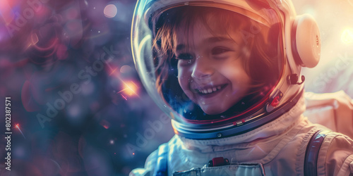 Cheerful child wearing astronaut suit in space. Kid in spacesuit watching meteorites and stars. Children dreams concept. photo