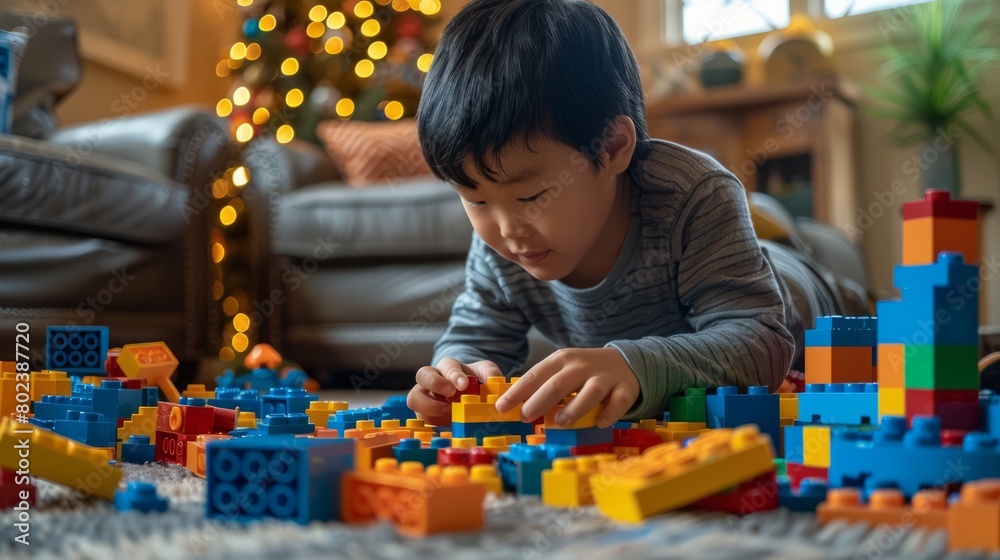 A boy playing with lego on a table. A playful child builds a colorful block tower.
