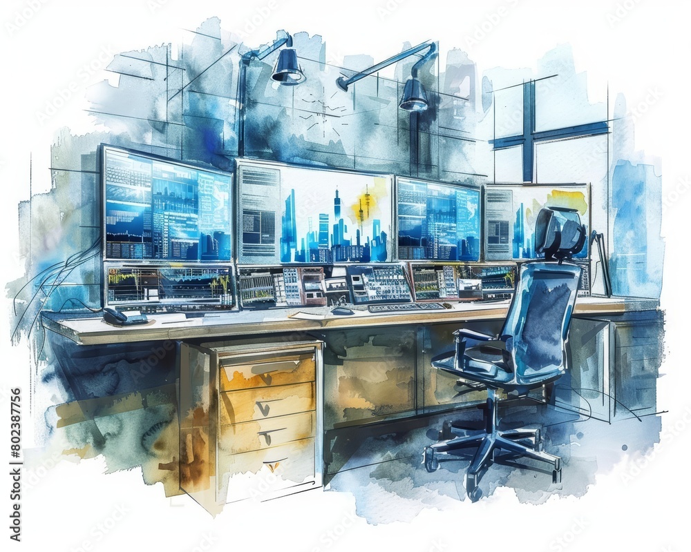 This lovely watercolor painting of a smart city control room, monitors displaying realtime data and 3D city models, Clipart minimal watercolor isolated on white background