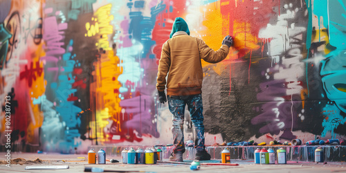 Street artist spray-painting a mural on a city wall, with cans of paint scattered around and pedestrians stopping to watch.