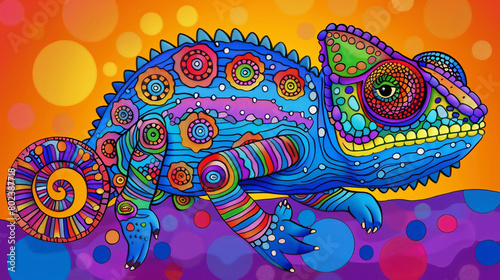 Illustration of a colorful chameleon on orange background. © Ricardo Algár