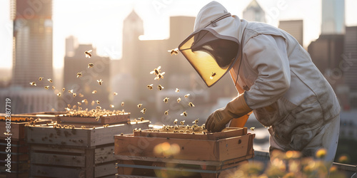 Beekeeper tending to beehives on the rooftop in the city, with the skyline visible in the background. Importance of bees in urban ecosystems concept. © MNStudio