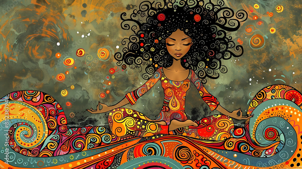 Fototapeta premium Woman practicing yoga with a multicolored and psychedelic background. Exercise and relaxation.