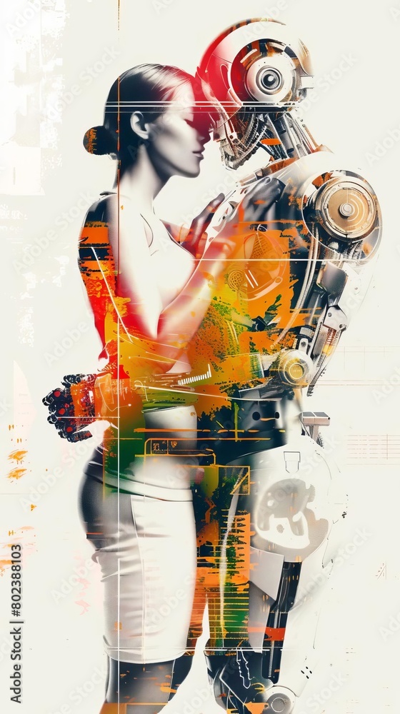 A beautiful woman standing next to a handsome robot A beautiful woman standing next to a handsome robot