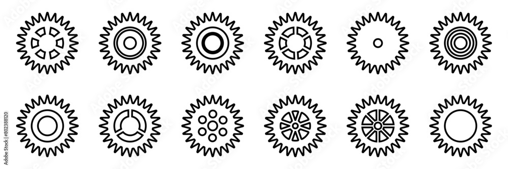 Gears icon set. Setting gears icon. Collection of mechanical outline cogwheels. Simple Gear wheel collection. Gear icons silhouette. Vector illustration with cogwheels sign set on white background.