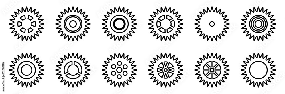 Gears icon set. Setting gears icon. Collection of mechanical outline cogwheels. Simple Gear wheel collection. Gear icons silhouette. Vector illustration with cogwheels sign set on white background. Gears icon set. Setting gears icon. Collection of mechanical outline cogwheels. Simple Gear wheel collection. Gear icons silhouette. Vector illustration with cogwheels sign set on white background.