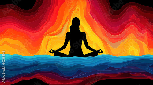 Woman practicing yoga with a multicolored and psychedelic background. Exercise and relaxation.