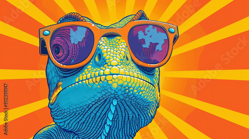 A multicolored chameleon with sunglasses. Comic illustration.