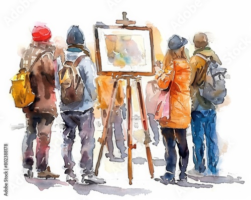 This lovely watercolor painting captures an artist s first gallery opening, viewers admiring the displayed work, Clipart minimal watercolor isolated on white background