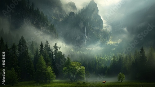 Alpine cow grazing in beautiful green meadow surrounded by majestic alps mountain range photo