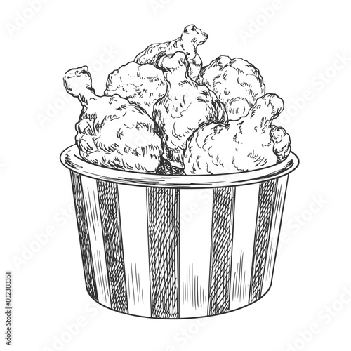 Sketch style chicken nuggets in a paper bucket. Black and white illustration of chicken in batter. Fast food. Engraved drawing of chicken legs
