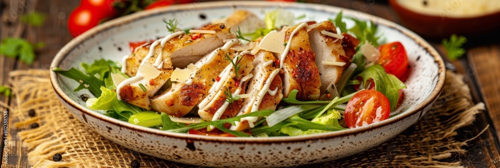 Caesar Salad with Roasted Chicken Breast, Croutons, Cherry Tomatoes and Grated Parmesan Cheese Caesar Salad with Roasted Chicken Breast, Croutons, Cherry Tomatoes and Grated Parmesan Cheese