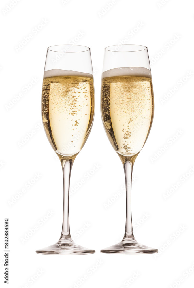 Two elegant champagne flutes filled with sparkling champagne, with a steady stream of bubbles, against a transparent background. Generative AI