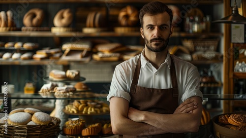 Portrait of a male owner of a bakery shop. Small business concept. hyper realistic  photo