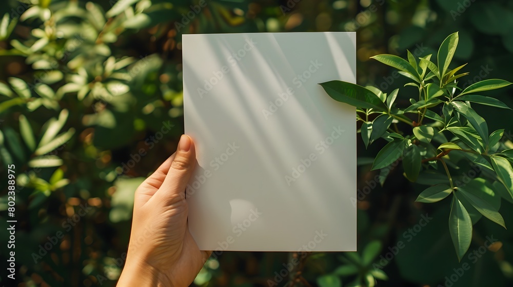 Blank White Paper Held in Serene Natural Setting with Lush Foliage Blank White Paper Held in Serene Natural Setting with Lush Foliage