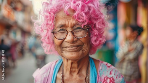 Old Indian Woman with Pink Curly Hair 1990s style Illustration.