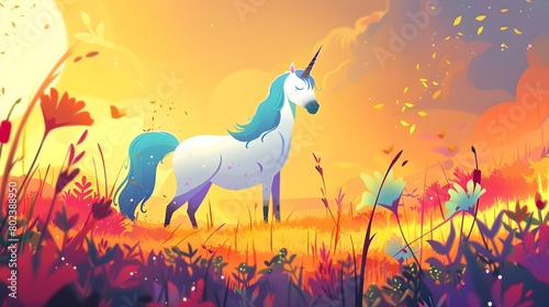 Surreal Unicorn Vlogging in a Magical Meadow Landscape with Vibrant Sunset Skies