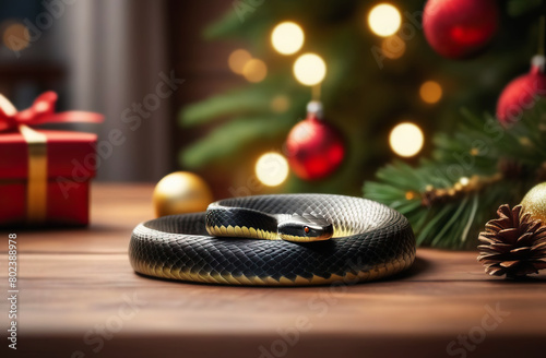 A black snake with a yellow belly lies on a wooden floor near a Christmas tree decorated with lights