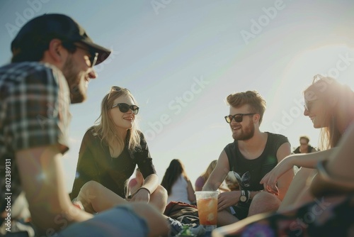 Group of friends having fun at a music festival on a sunny day