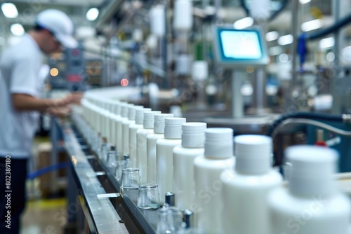 A man working on a conveyor belt in a bottle factory. Suitable for industrial concepts © Ева Поликарпова