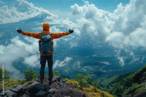 Man Standing on Top of a Mountain With Arms Outstretched