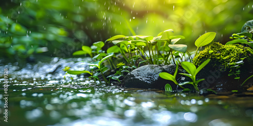 Fresh green plants nourished by gentle rain in a tranquil stream Beautiful spring detailed close up stream of fresh