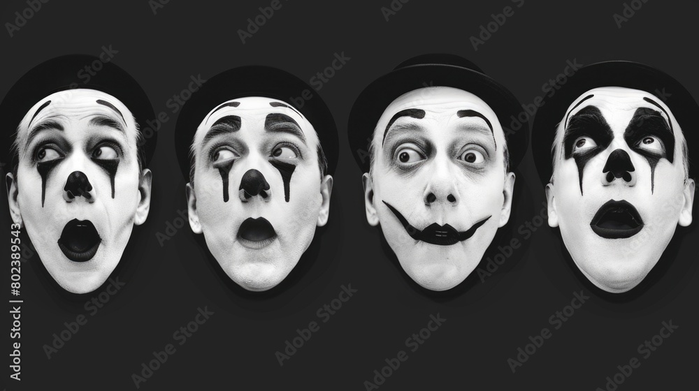 A black and white photo of four clowns. Suitable for various projects A black and white photo of four clowns. Suitable for various projects