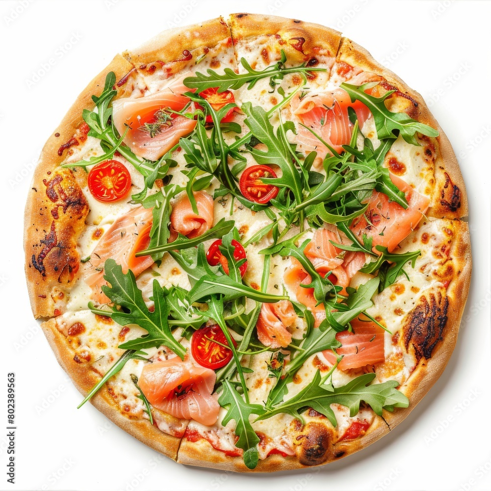 Pizza with Salmon, Cream Cheese and Fresh Rucola Leaves Isolated, Traditional Italian Whole Round Flatbread Pizza with Salmon, Cream Cheese and Fresh Rucola Leaves Isolated, Traditional Italian Whole Round Flatbread