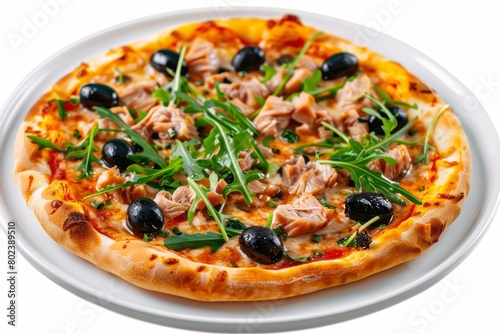 Pizza with Tuna, Black Olives and Fresh Arugula, Traditional Italian Seafood Pizza with Yellowfin Meat