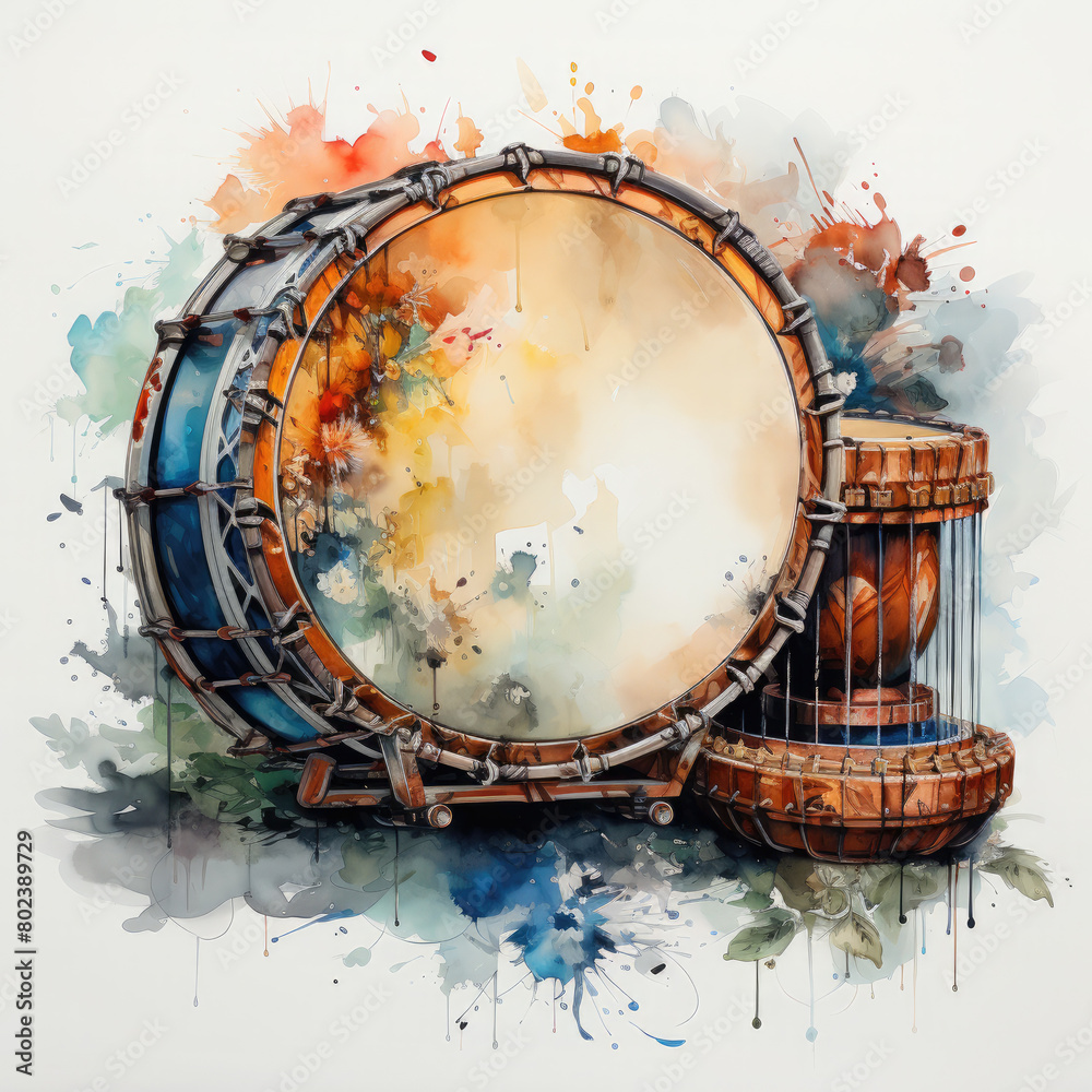 Naklejka premium Watercolor Colorful Bodhran Illustration, Generative Ai
