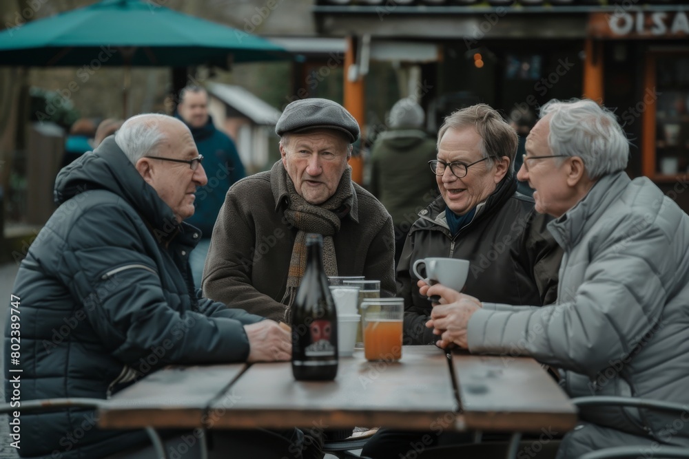 Group of senior people drinking coffee and talking in a street cafe. Group of senior people drinking coffee and talking in a street cafe.