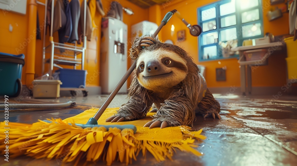 Fototapeta premium Adorable Sloth Mopping Floor in Cozy Home Environment