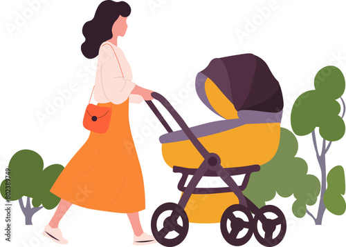 mommy walks with baby, baby stroller