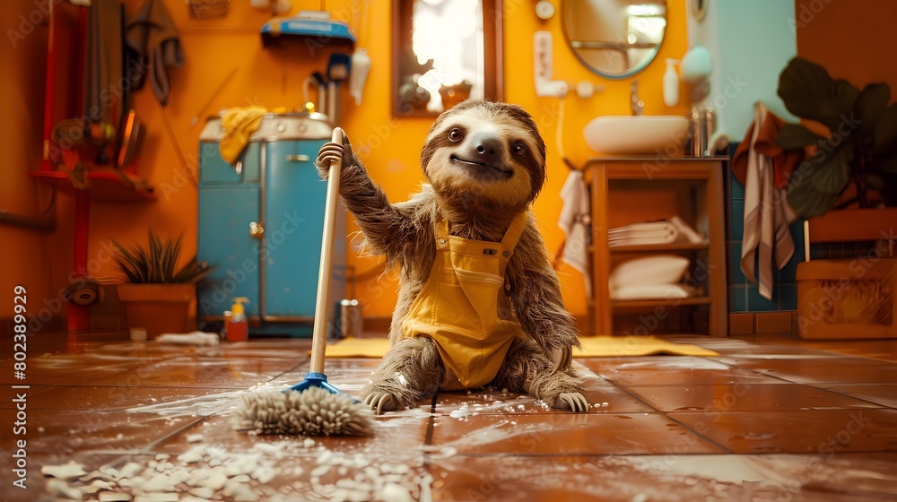 Fototapeta premium Playful Sloth Cleaning the Floor in Cozy Retro Styled Room