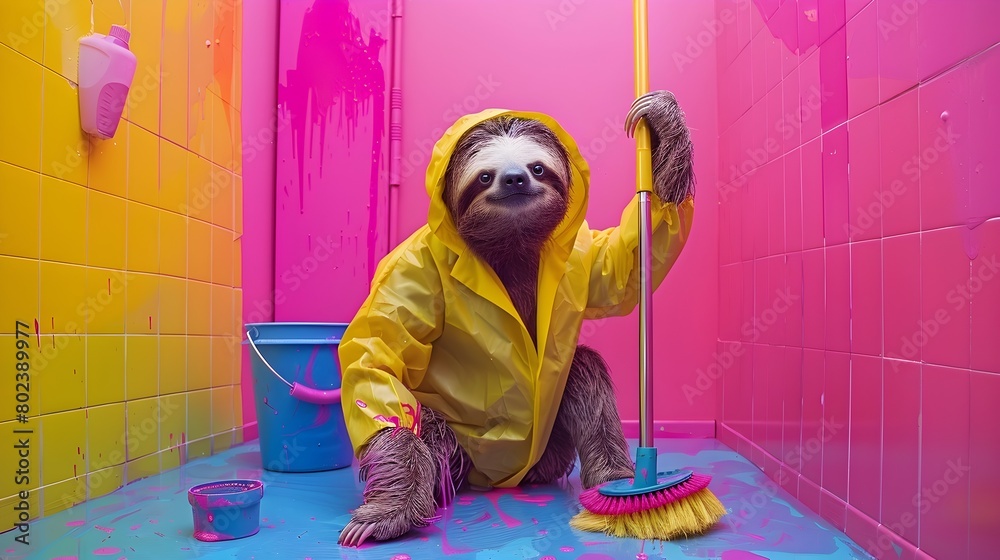 Fototapeta premium A Surreal of a Sloth Cleaner Working with Mop and Bucket in Vibrant Colored Background