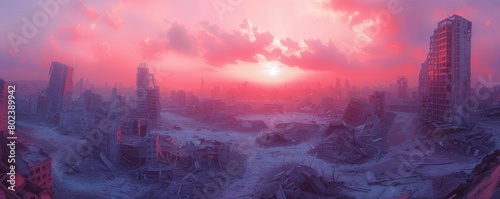 A post-apocalyptic city in ruins under a pink sky