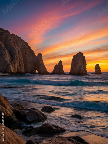 the majestic rocky formations and renowned arches of Los Cabos, Mexico, silhouetted against the colorful hues of a sunset sky. © xKas