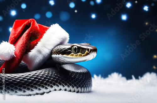 snake peeking out from under Santa Claus's hat on a blue background with snowflakes