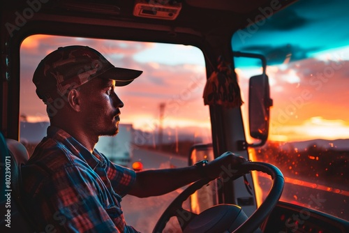 A truck driver at work behind the wheel of his vehicle. photo