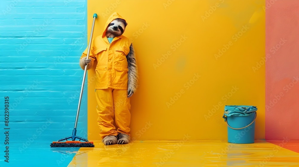 Fototapeta premium Surreal of Sloth Cleaning Worker Using Mop on Vibrant Colored Background