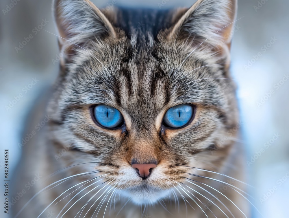 Close-up of a tabby cat with piercing blue eyes.