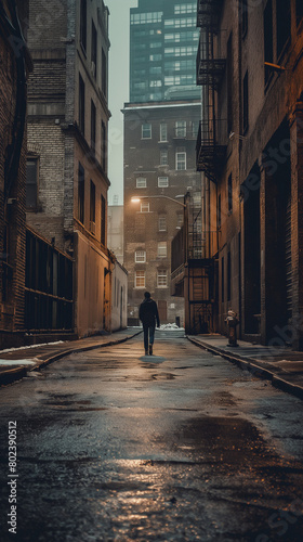 Vertical shot of a person in an empty urban alley  looking away