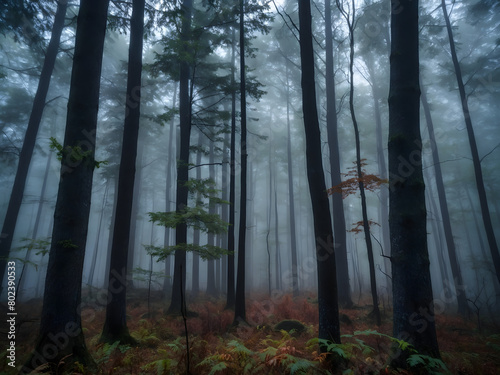 the otherworldly beauty of a foggy forest landscape, where the trees vanish into the mist, leaving only shadows and mystery.