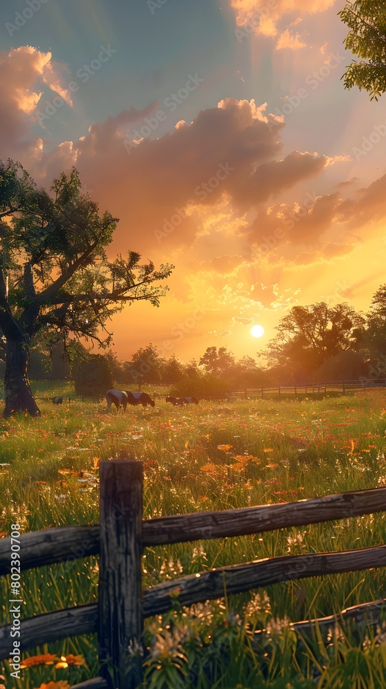 Sunset Serenity: Tranquil Landscape of Grazing Cattle in a Blooming Meadow Under an Oak Tree