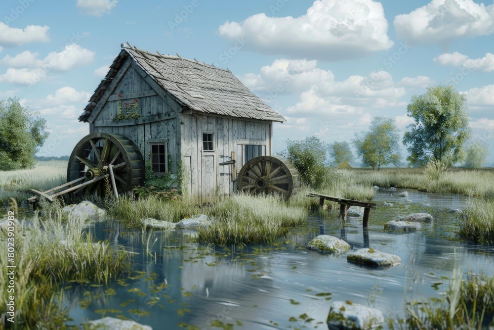 A small wooden building next to a river. Ideal for nature or vacation concepts A small wooden building next to a river. Ideal for nature or vacation concepts