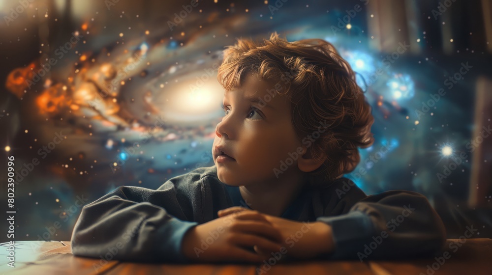 A Wonder-Filled Gaze: Exploring the Enchantment of a Galaxy Through a Child's Eyes Amidst the Splendor of a Luminous Starry Night. A Wonder-Filled Gaze: Exploring the Enchantment of a Galaxy Through a Child's Eyes Amidst the Splendor of a Luminous Starry Night.