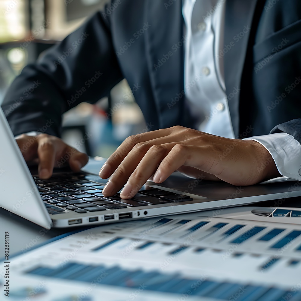 A business professional in a suit typing on a laptop with financial charts spread out nearby, a closeup of hands and the computer screen A business professional in a suit typing on a laptop with financial charts spread out nearby, a closeup of hands and the computer screen