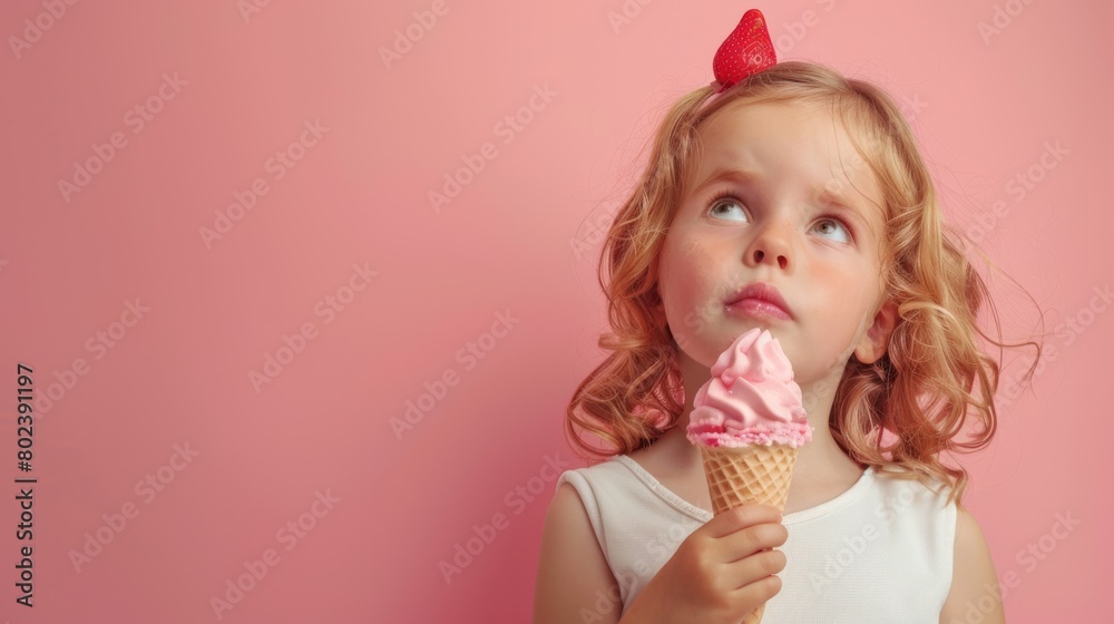 the girl eats ice cream on a colored background