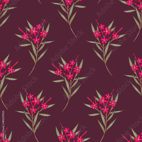 Oleander flowers watercolor seamless pattern, for women and girl apparel designs, fabrics and textiles. Botanical illustration hand drawn. floral design for fashion prints, scrapbook, wrapping paper
